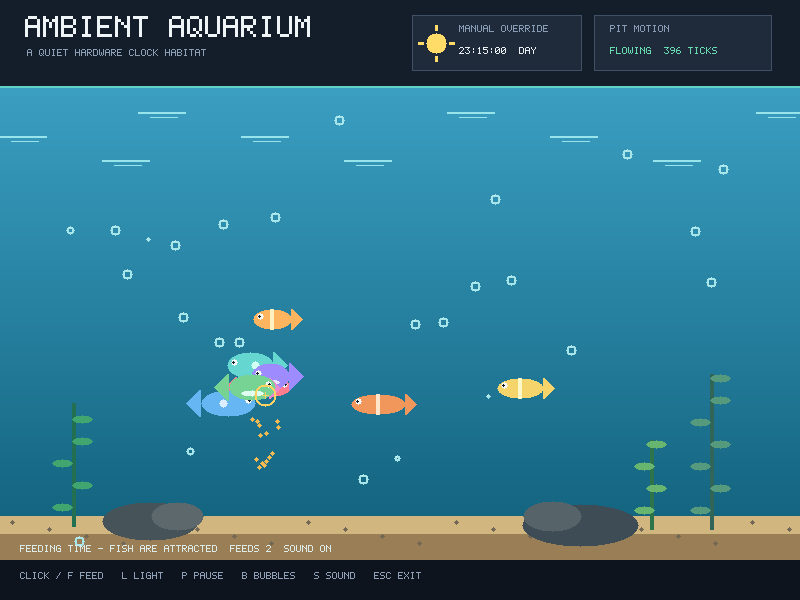 Ambient Aquarium showing fish, bubbles, food, a manual daylight override, PIT motion state, and controls