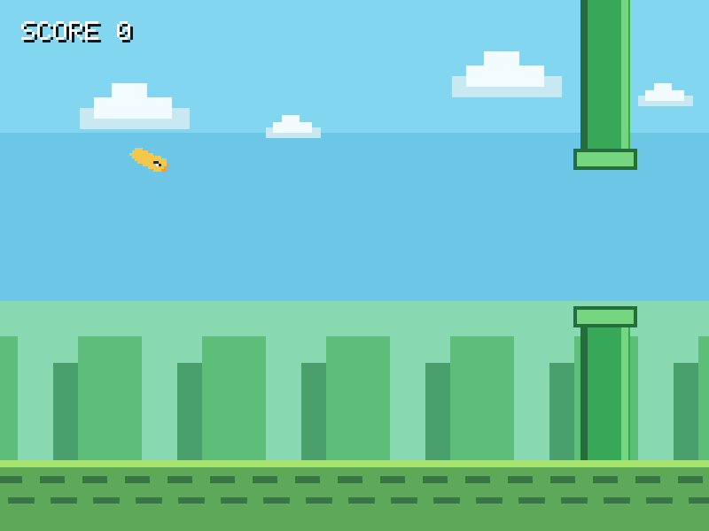 Flappy Bird style demo showing side-scrolling pipes and player character