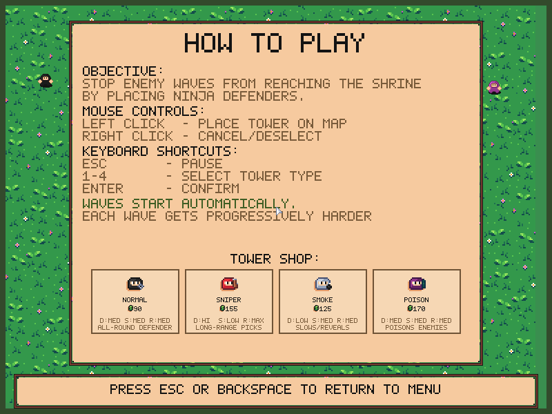 Instructions explain towers, controls, and enemy waves.