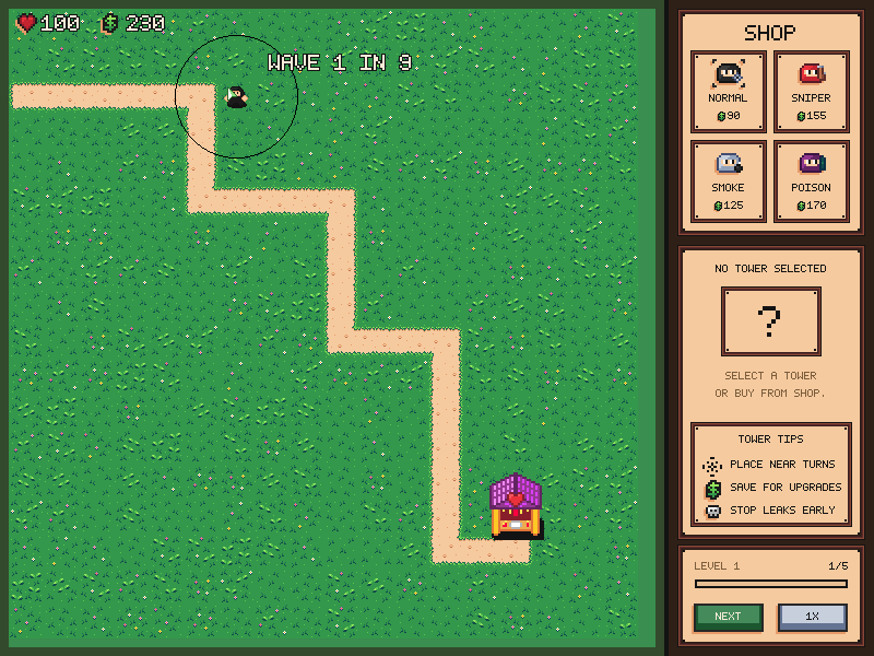 Number shortcuts select a tower and preview its range.