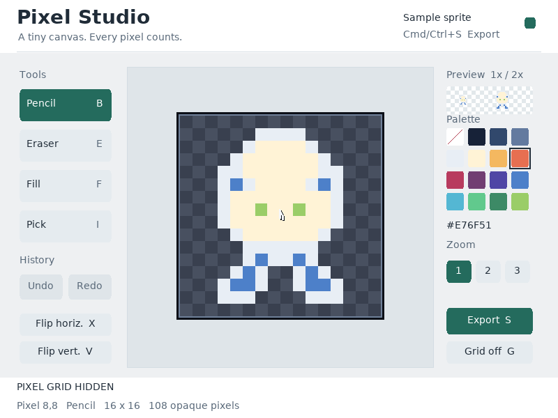 The smallest zoom with the grid hidden gives a clean look at the sprite.