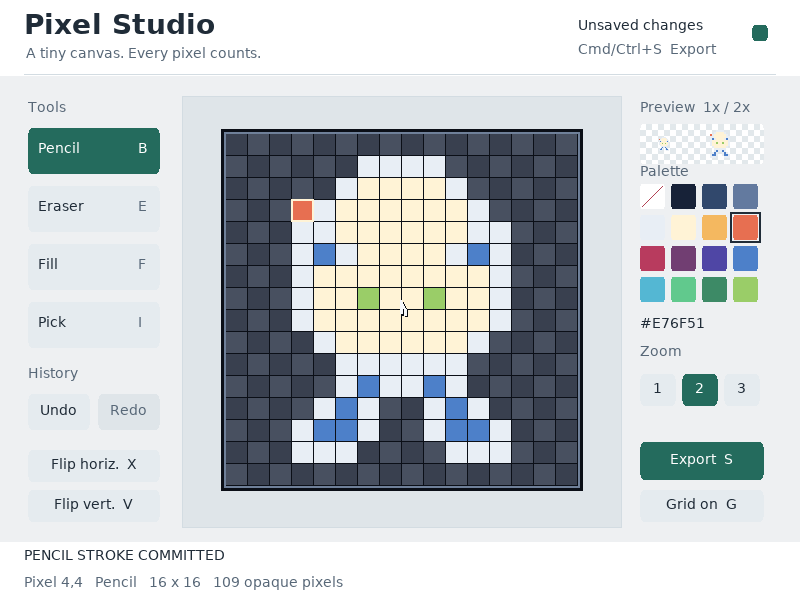 Arrow keys move a visible cursor; Enter applies the selected tool and the footer identifies the pixel.