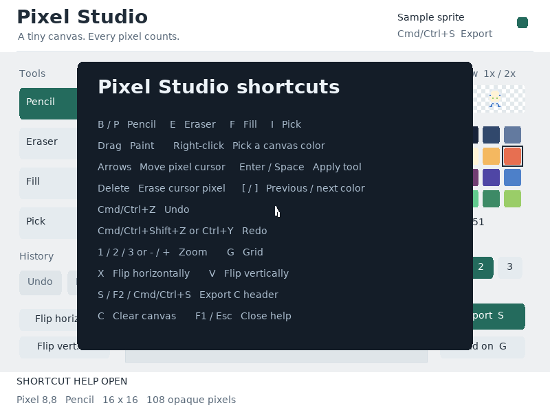 Tool keys, palette stepping, keyboard drawing, transforms and history are all documented in the app.