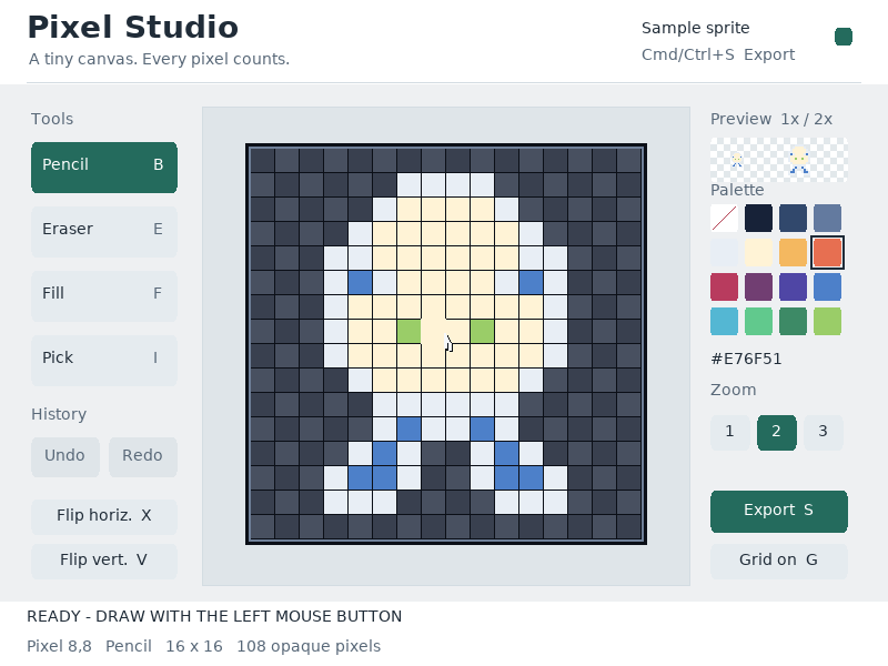 A 16 by 16 canvas, indexed palette, native-size previews and real history controls.