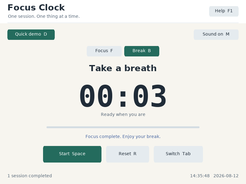 Quick demo mode completes a focus session in five seconds and selects a break.