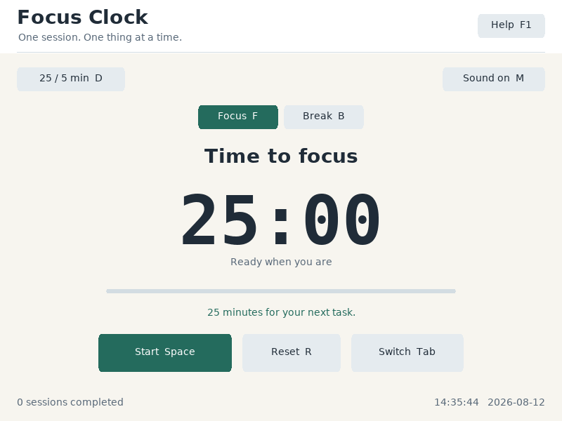 Choose a 25-minute focus session or a five-minute break.