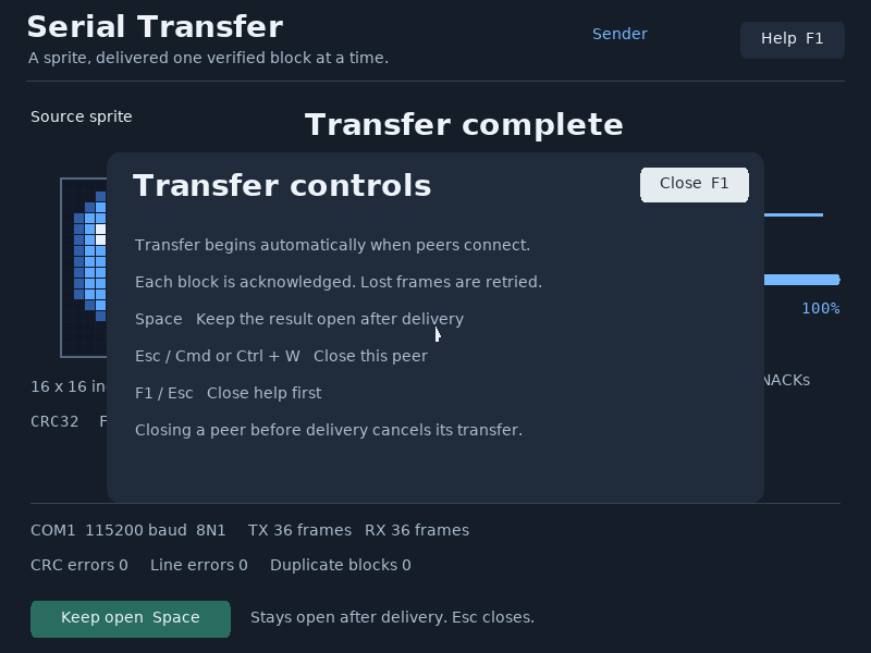 F1 opens help. Space keeps the result visible after completion.