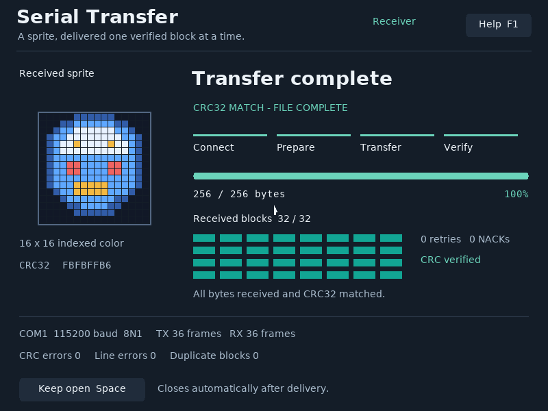All 32 blocks are present and the result is verified.