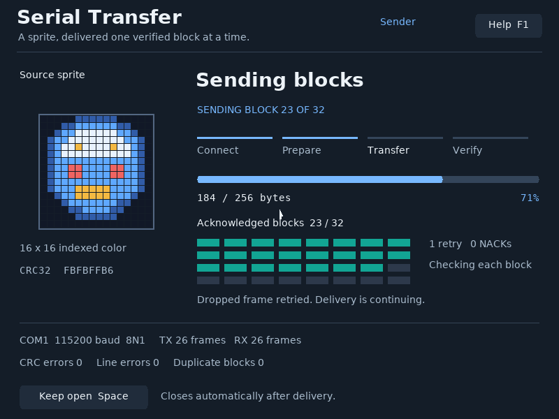 Fault mode drops one frame. The sender waits, then retries it.