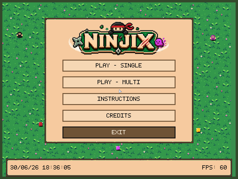 Ninjix menu showing play, multiplayer, instructions, credits, and exit options