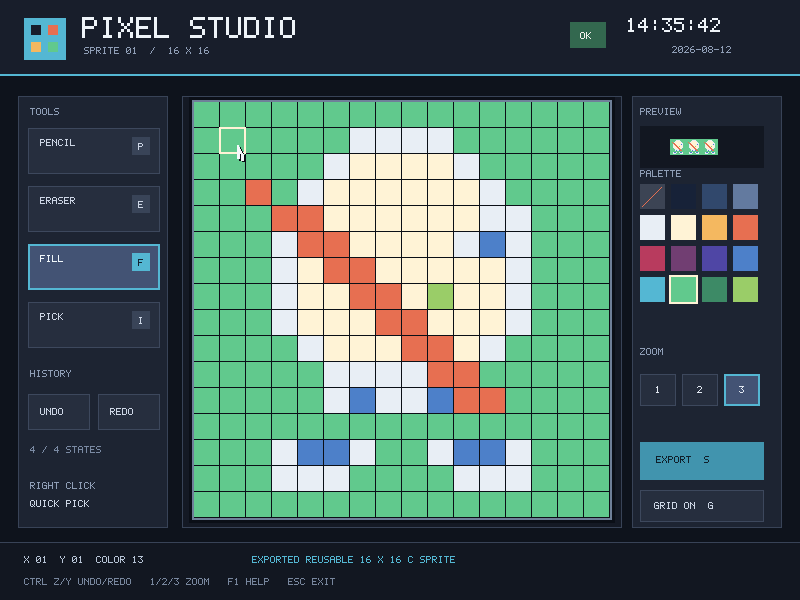 Pixel Studio showing a 16 by 16 sprite canvas, tool rail, palette, preview, zoom controls, and RTC clock