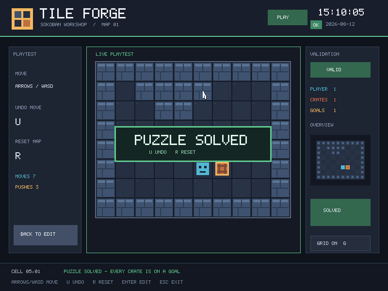 Tile Forge showing a Sokoban map canvas, tile palette, validation panel, minimap, and editor controls